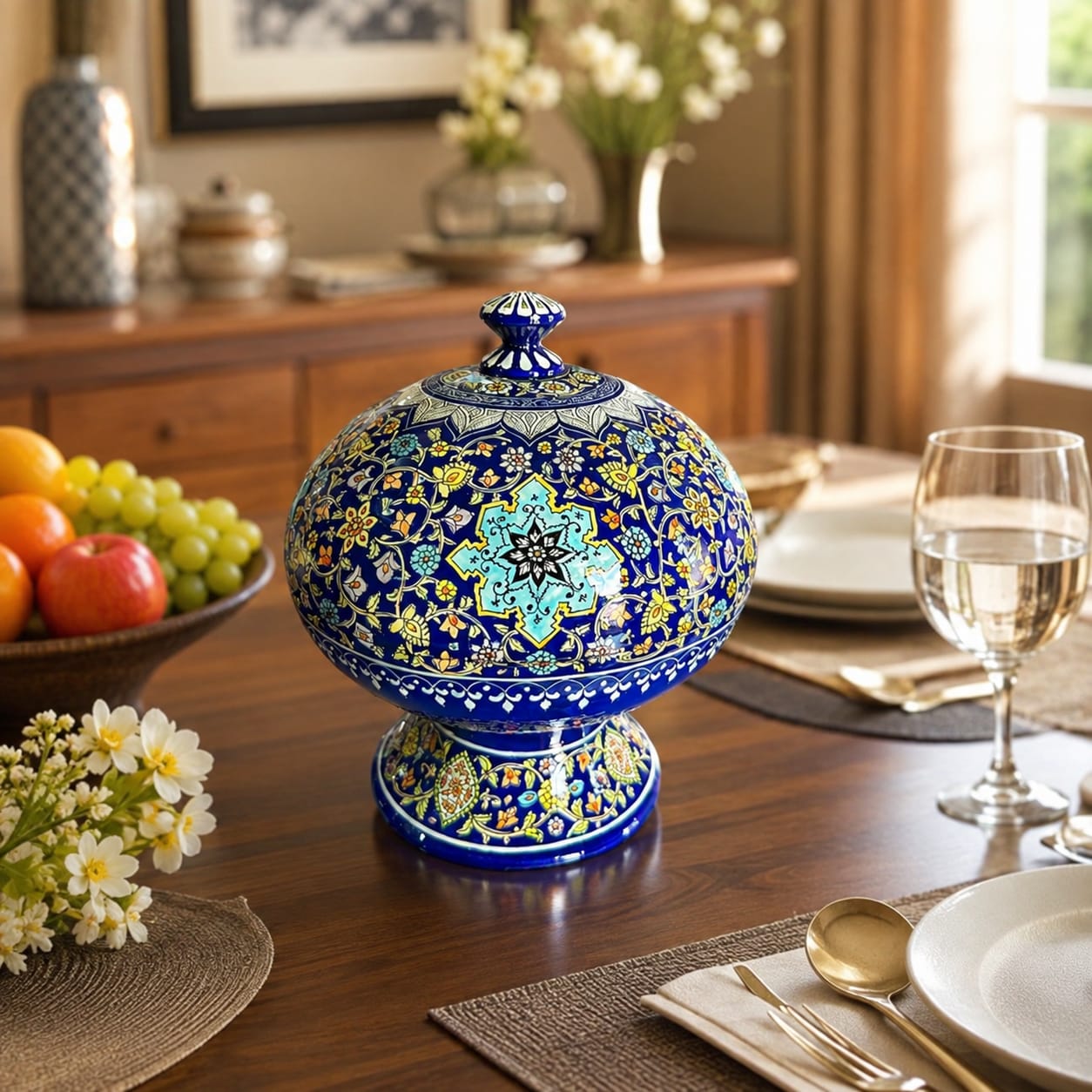 Hand Painted Fruit Bowl, handmade kashmiri Paper Mache Bowl with Lid  . Carpet design fruit bowl 